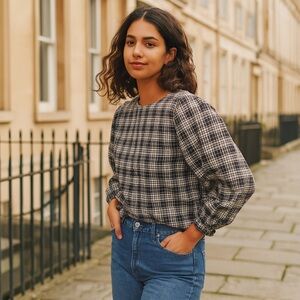 Zara Plaid Tie-Back Balloon Sleeve Top XS